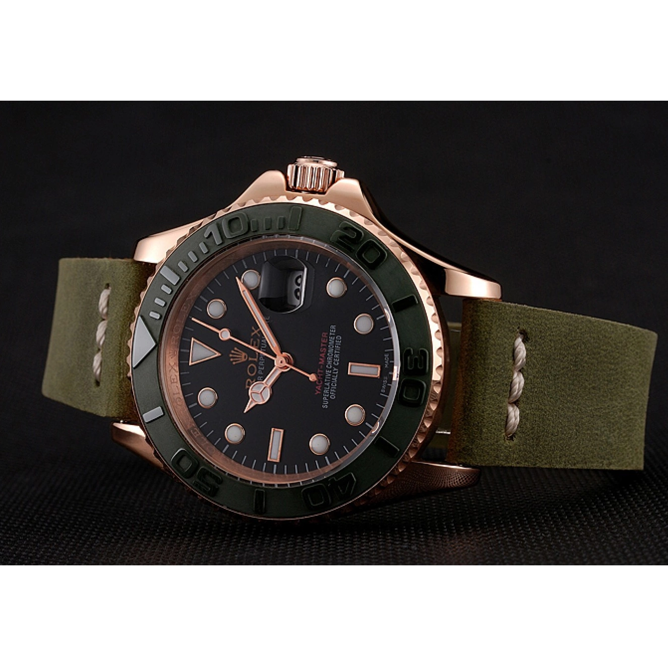 Aaa fake watches Bezel Rose Yacht Case Master Dial Leather Gold Rolex 1453862 Black Bracelet Green Green 0616